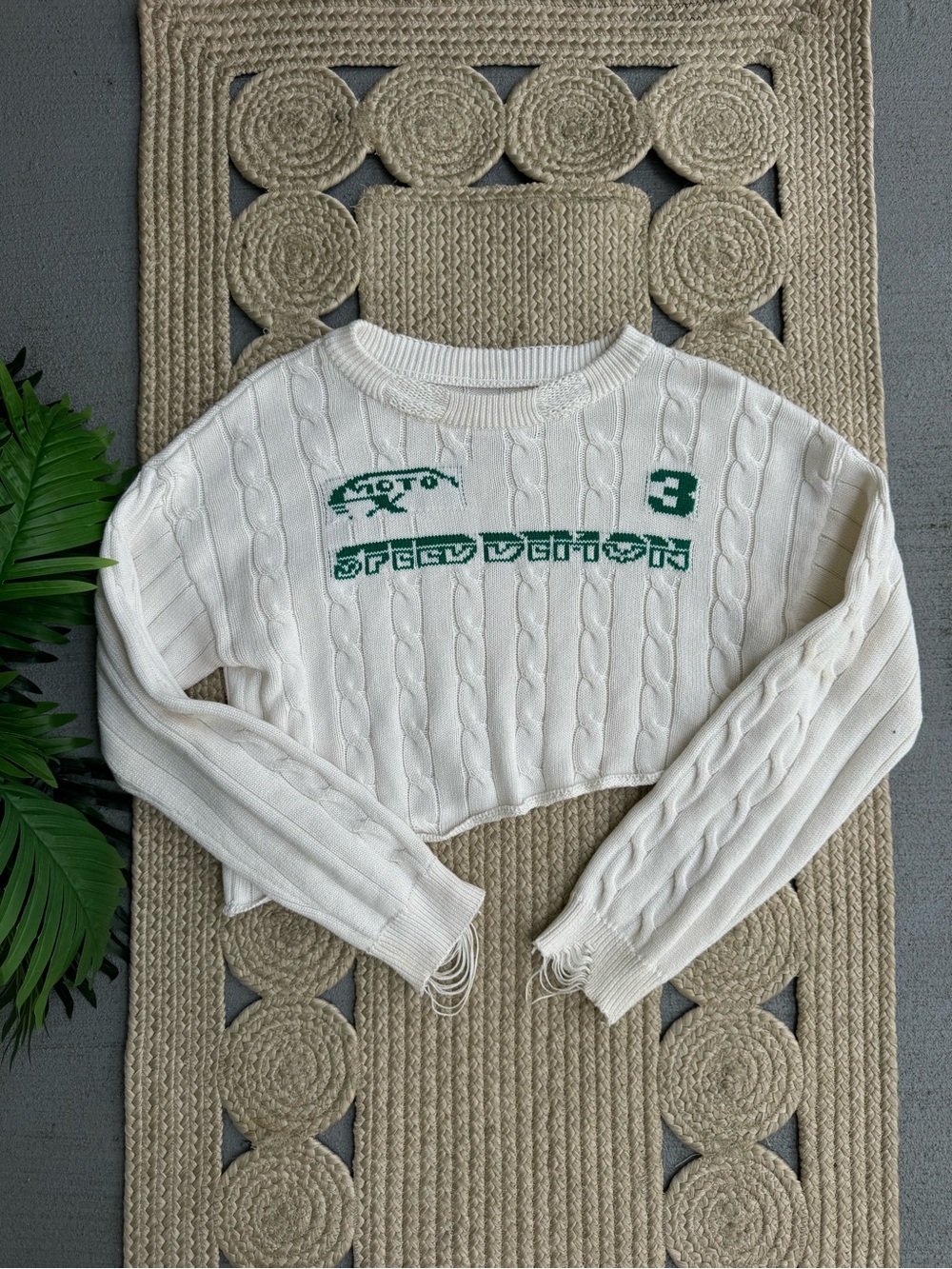BDG Urban Outfitters Moto Speed Demon Cropped Knit Sweater White Green M